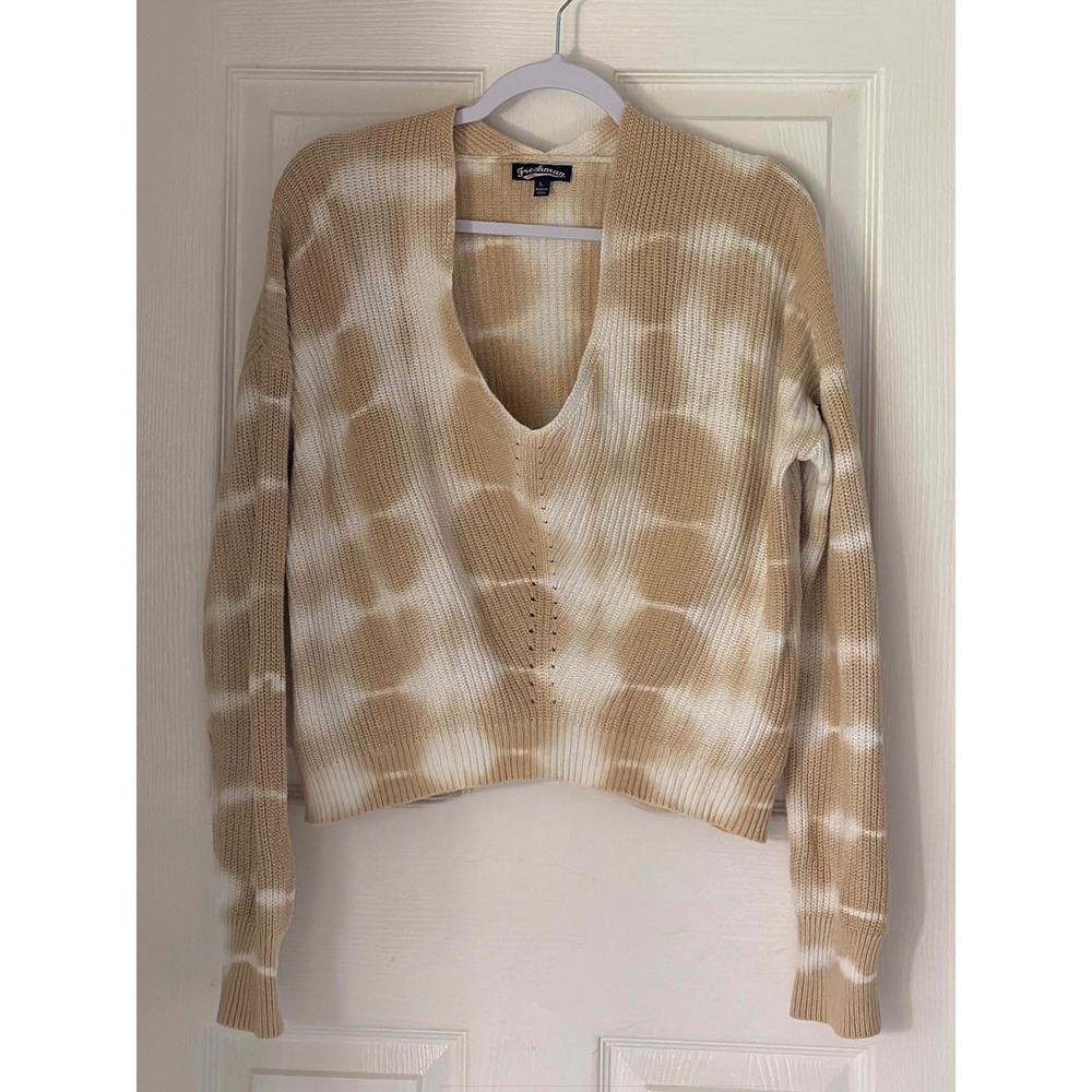 Freshman Sweater Women's Large Tan White Tie Dye V-Neck Cotton Knit